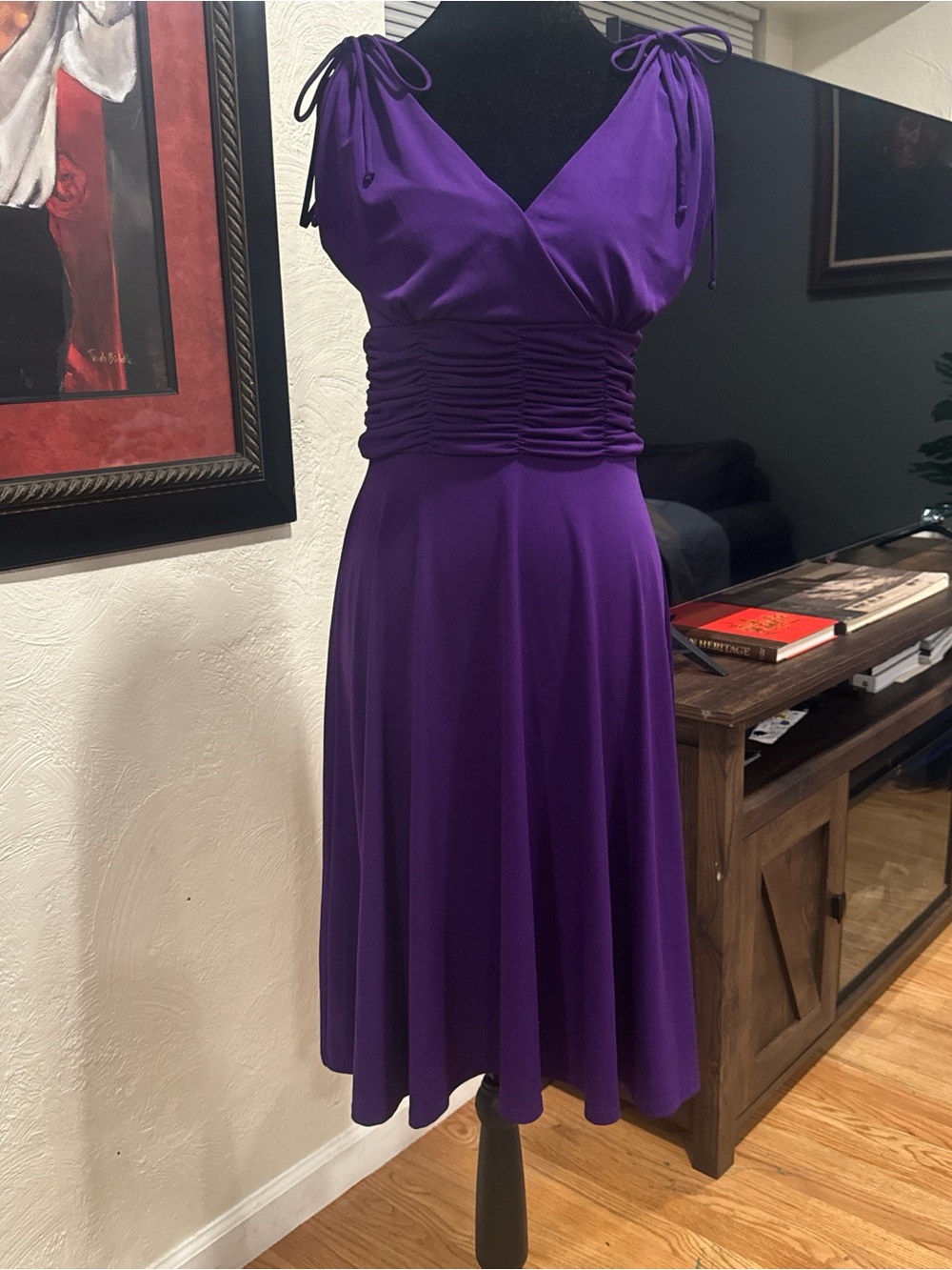 Purple V-Neck Ruched Waist Midi Dress